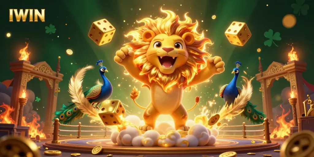 IWIN’s vibrant, action-packed casino scene showcases a roaring lion with golden dice, highlighting gaming excitement.