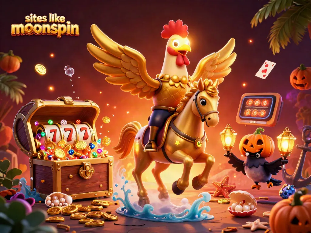 Experience excitement at sites like moonspin with a vibrant casino scene featuring a golden rooster and treasures.