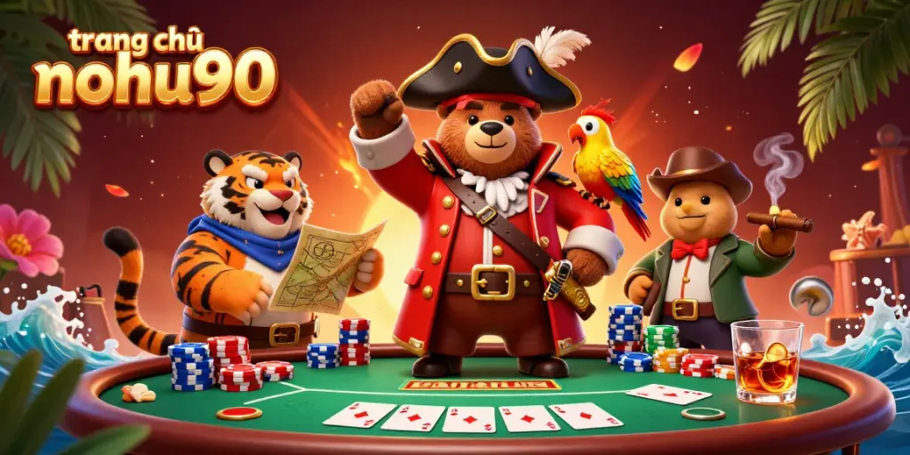 Experience the excitement of the trang chủ nohu90 gaming scene with a playful pirate, tiger, and parrot amidst poker action.