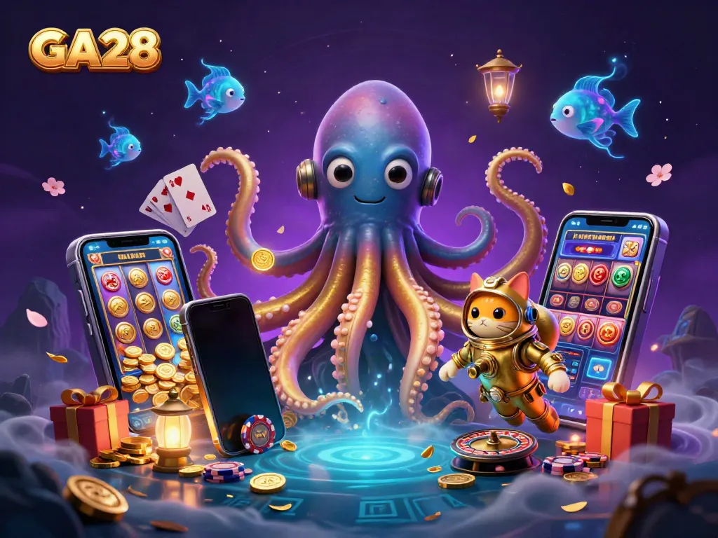 Experience thrilling slots at GA28 with a colossal kraken and diving cat surrounded by exciting casino elements.