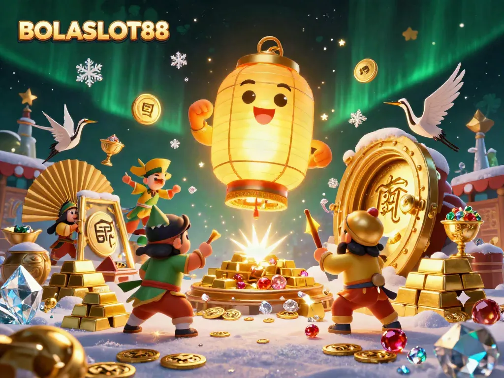Experience BOLASLOT88 through a vibrant 3D illustration capturing casino excitement, glowing lantern spirit, and rich treasures.