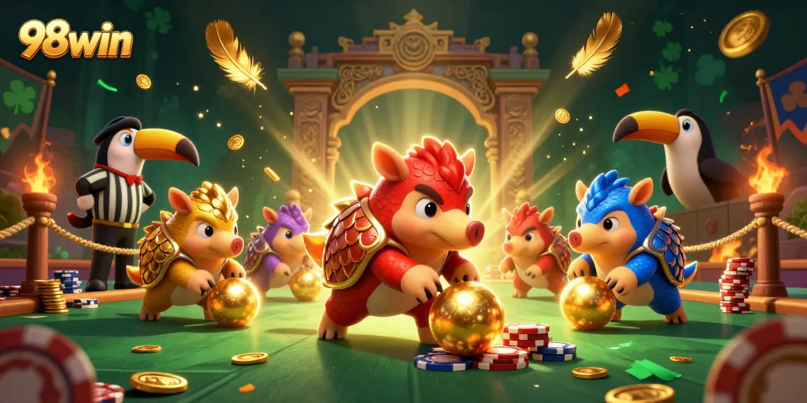 98win pangolins compete in a vibrant casino battle with poker chips and gold coins