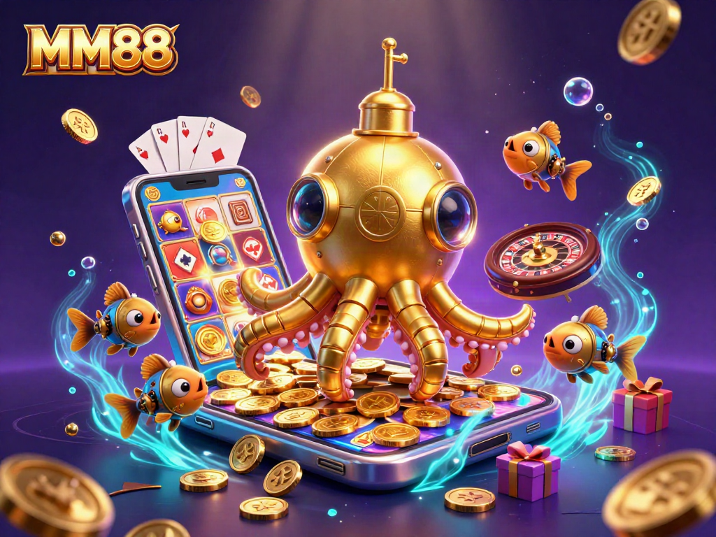 Engage in exciting gambling with MM88 as the golden kraken submarine surfaces in a treasure of coins.