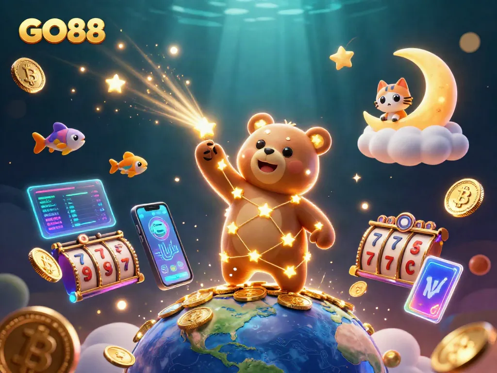Engage with thrilling GO88 slots in a colorful 3D casino adventure illustration full of dynamic characters and elements.