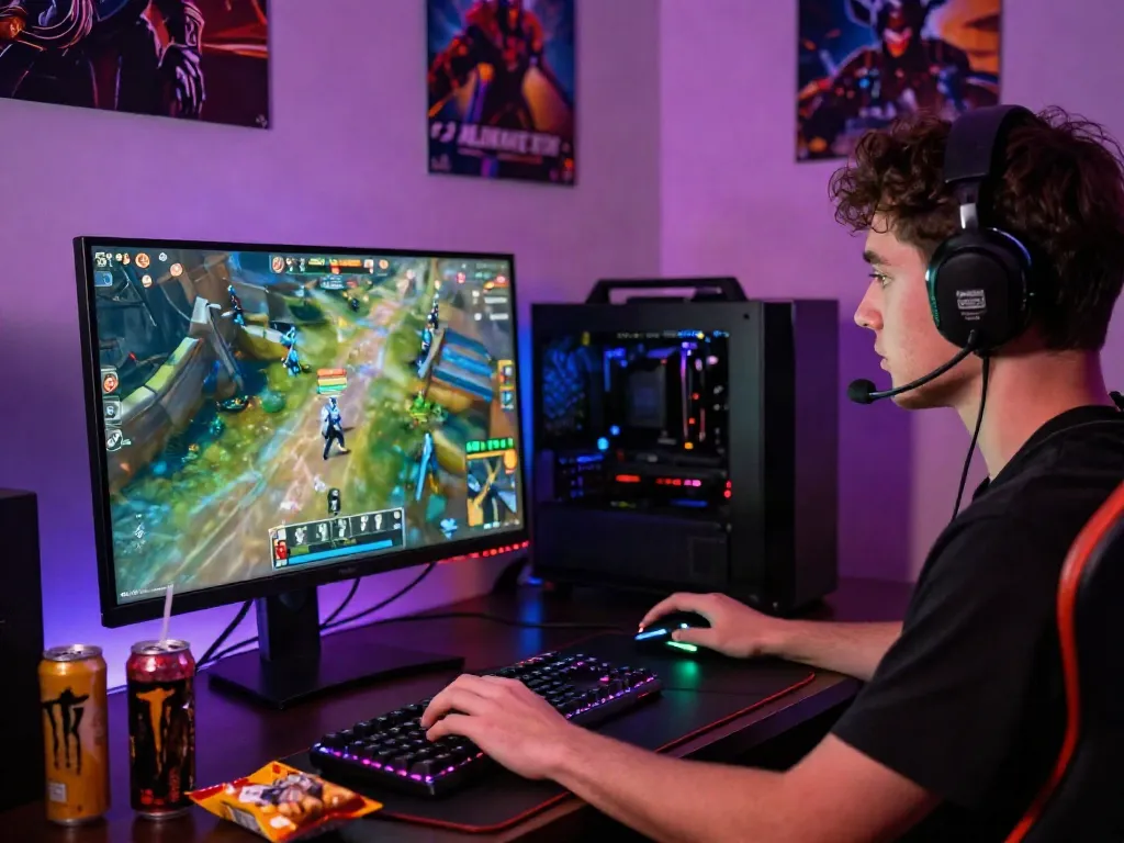 Engaged player in a vibrant gaming setup highlighting qqmacan gaming experience.