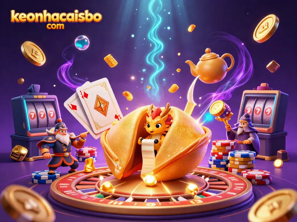 Engaging scene illustrating keonhacaisbo com with a golden fortune cookie, dragon, and casino elements