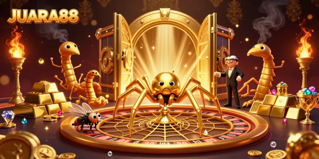 Experience JUARA88's thrilling casino world with a golden spider spinning roulette web and a centipede croupier.