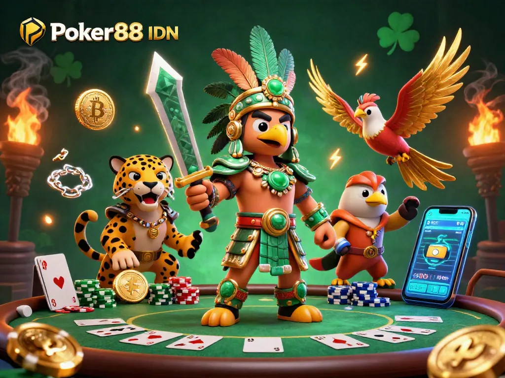 Engage in Poker88 IDN with an Aztec warrior eagle amidst poker elements and cryptocurrency features.