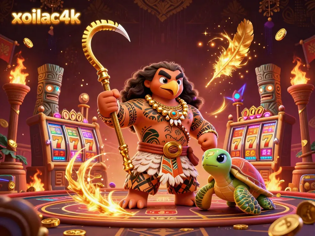 Xoilac4k showcases a dynamic gambling scene with a demigod hawk and turtle surrounded by slots, glowing coins, and tropical elements.