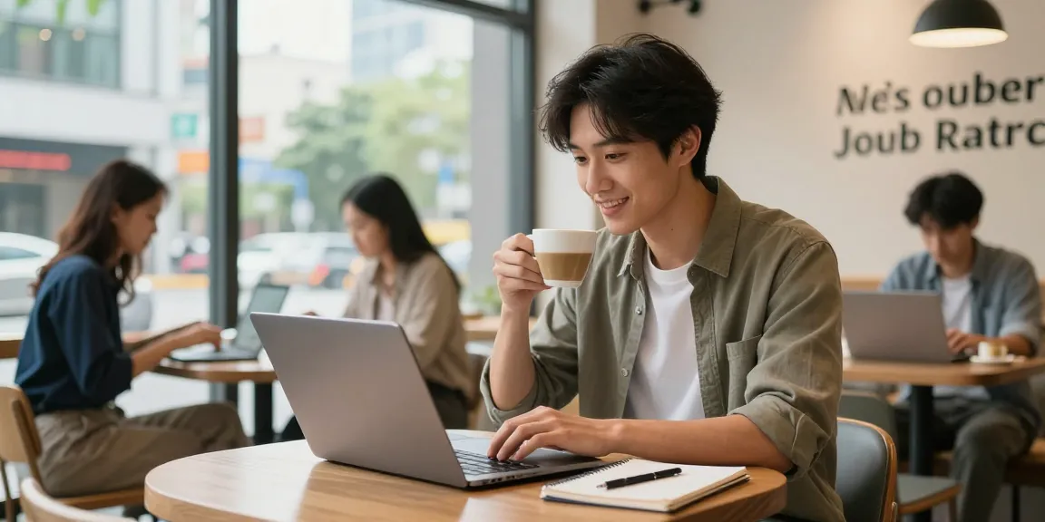 Searching for หางาน opportunities in a vibrant urban café.