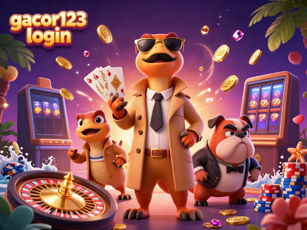Experience gacor123 login with raptors disguised as one tall player, entering a VIP casino lounge, amidst casino symbols.