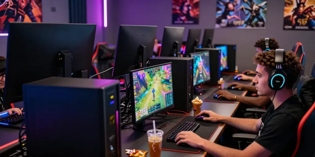 Gamers competing in a thrilling game online with vibrant graphics and dynamic lighting.