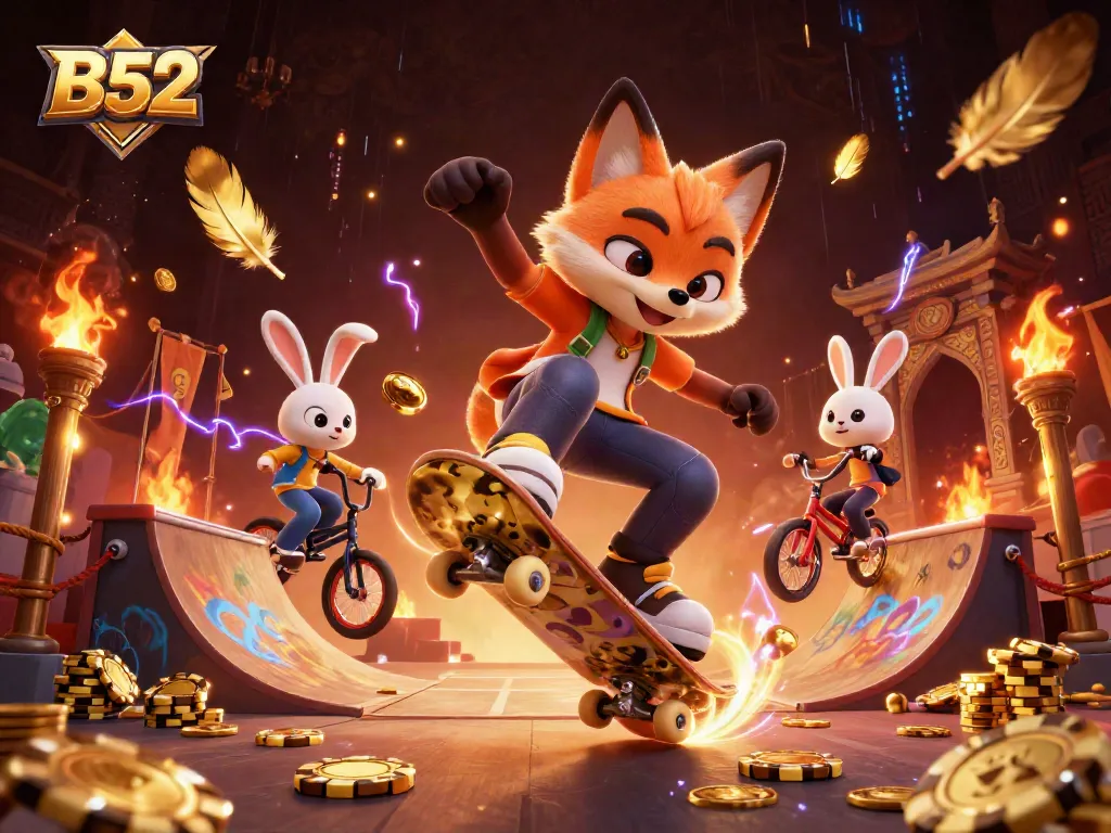 B52 enhances gameplay with a vibrant casino-themed scene of a skateboarding fox and BMX rabbit.