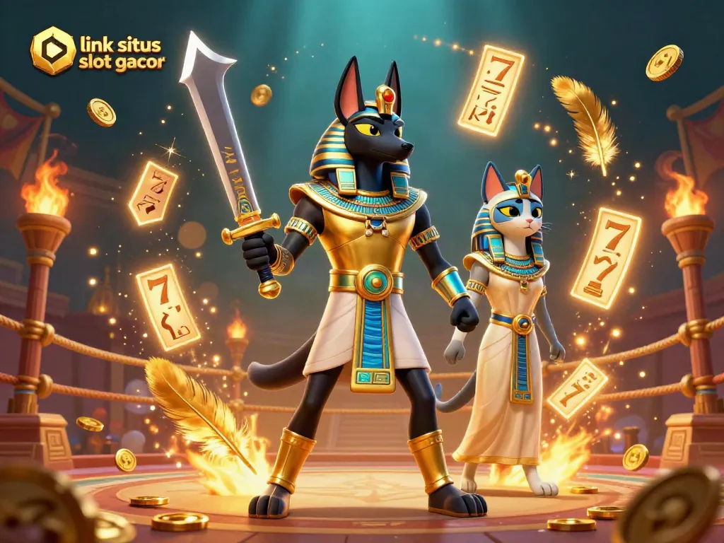 Slot gacor dan jackpot ditampilkan bersama Anubis dan Bastet dalam ilustrasi 3D.