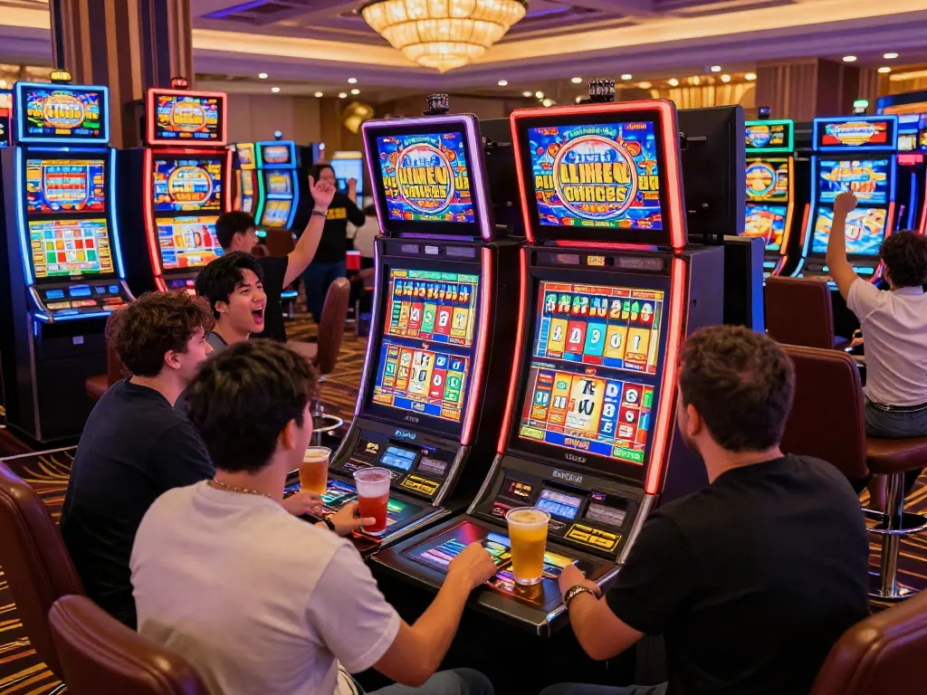 Exciting casino environment with players engaging in สล็อต machines and vibrant lights.