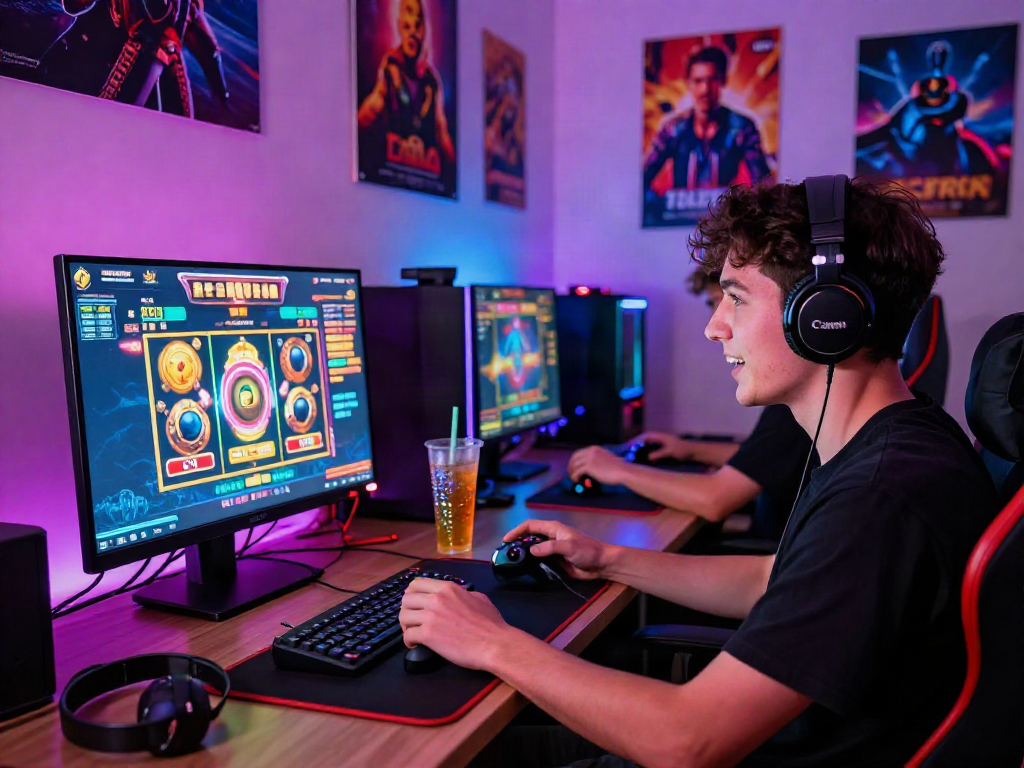 Engaging bandar slot gameplay scene at home with a young gamer focused on a vibrant interface.