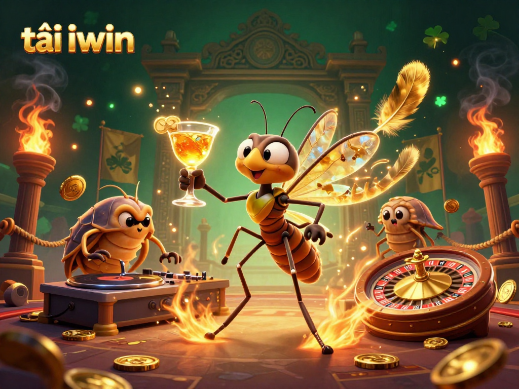Engage in thrilling casino action with the animated tải iwin mascot, golden roulette wheel, and vibrant gaming elements.