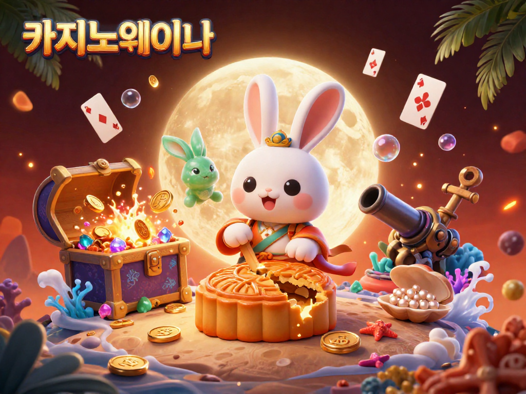 카지노사이트에서 화려한 달 토끼가 포커 칩을 담은 달 모양의 케이크를 피우며 유용한 게임 아이템들을 휘몰아치는 모습