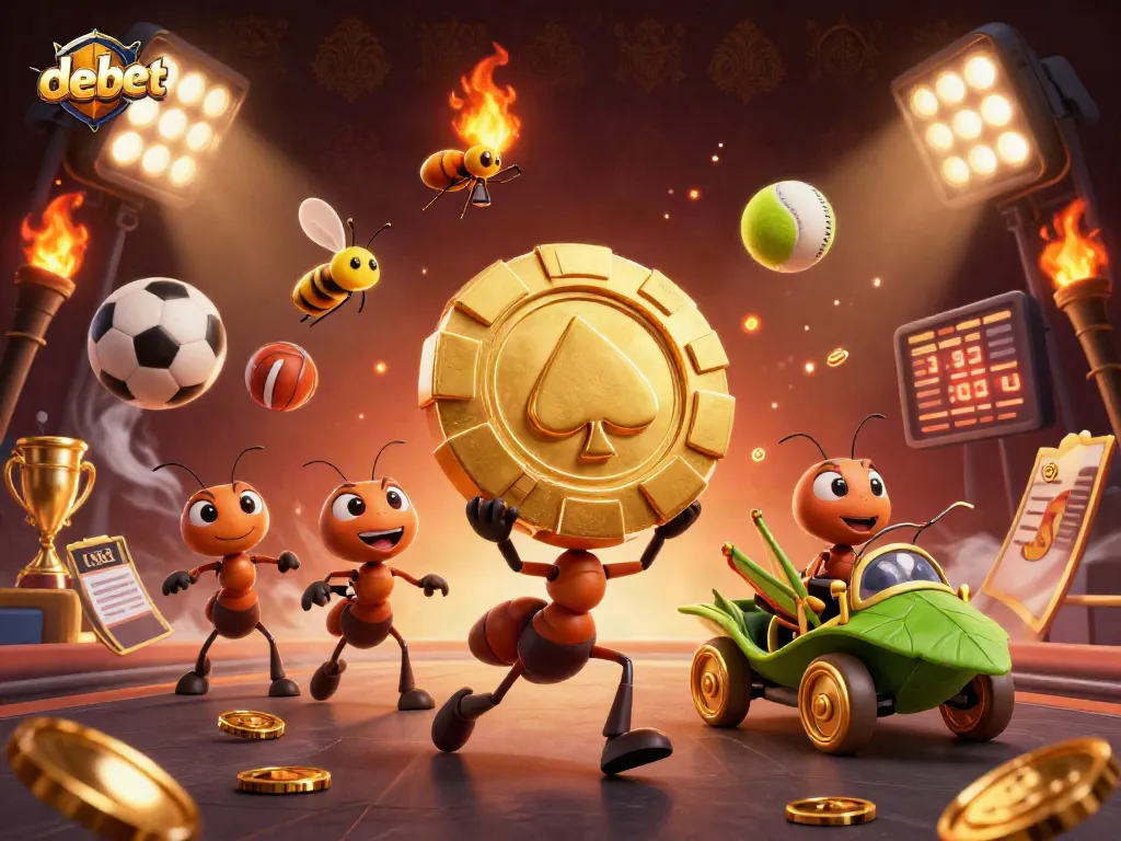 Engage in thrilling betting at debet, where 3D animated ants steal a massive poker chip amidst vibrant gaming elements.