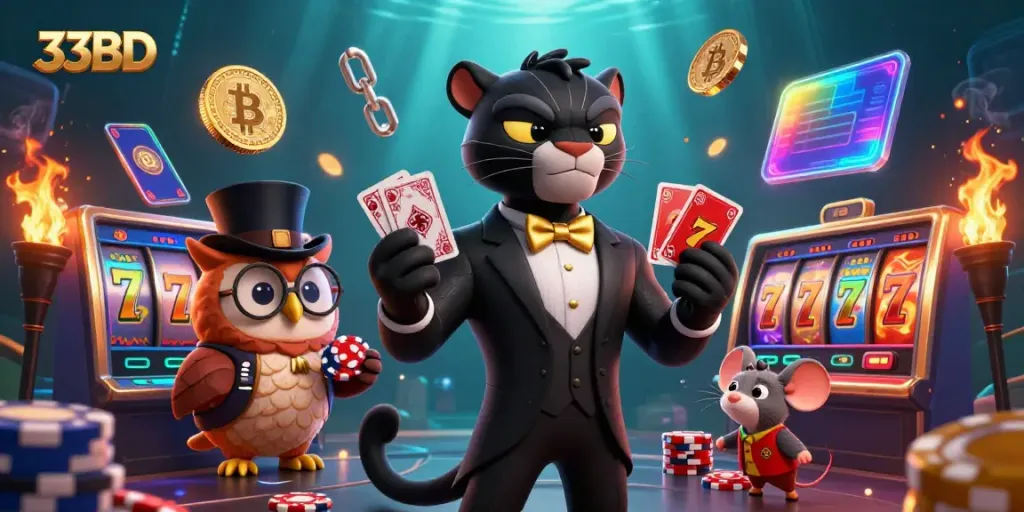 Engage with exciting slots at 33BD featuring a panther dealer and vibrant gameplay elements.