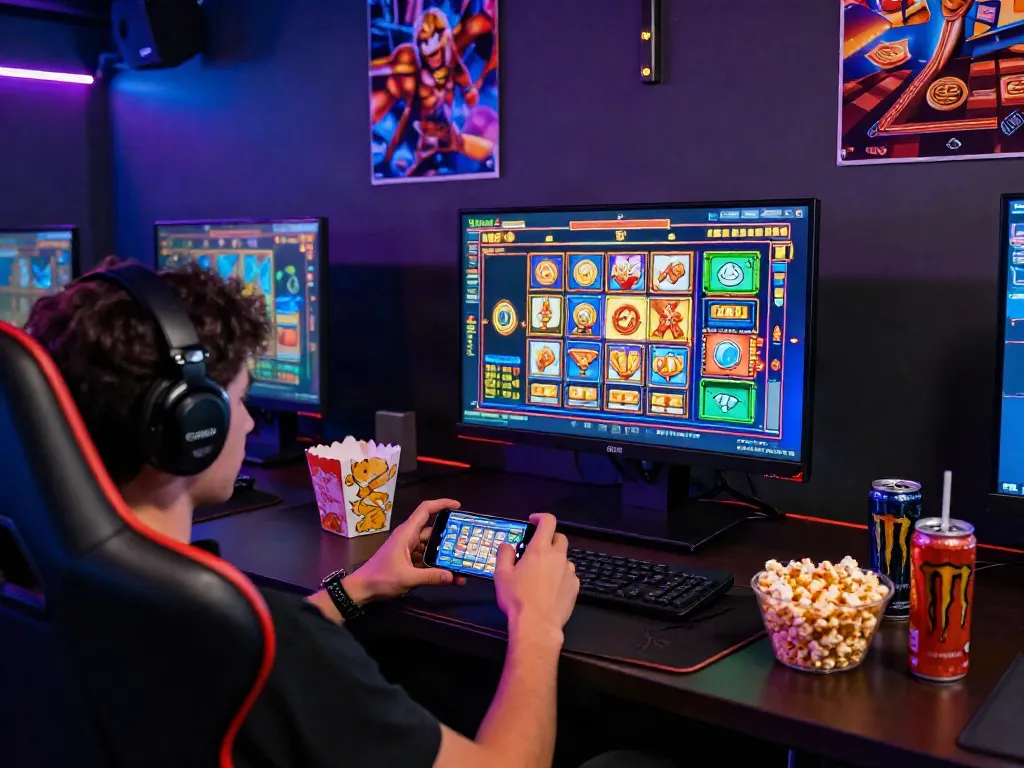 Playing slot online gacor on smartphone amidst vibrant gaming atmosphere