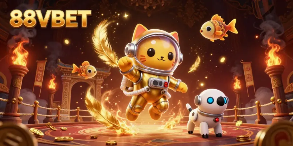 Experience a thrilling adventure with 88VBET, as a golden astronaut cat and robot dog explore a cosmic casino environment.