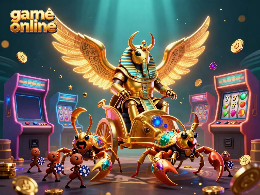Experience thrilling game online action with a vivid 3D casino scene featuring a golden scarab beetle and slot elements.