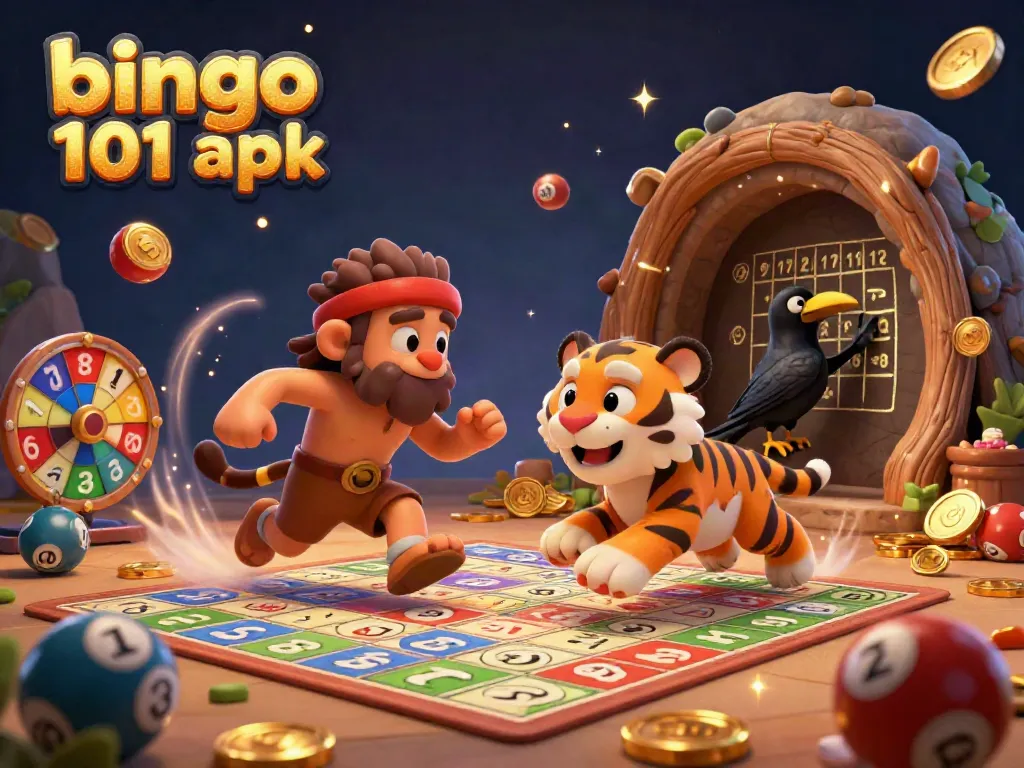 Engage with bingo 101 apk in this dynamic 3D scene featuring cavemen and bingo gameplay.