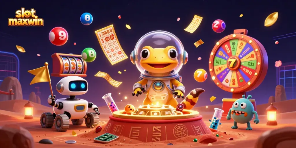 Experience an exciting slot maxwin journey with a vibrant Martian scene filled with casino elements.