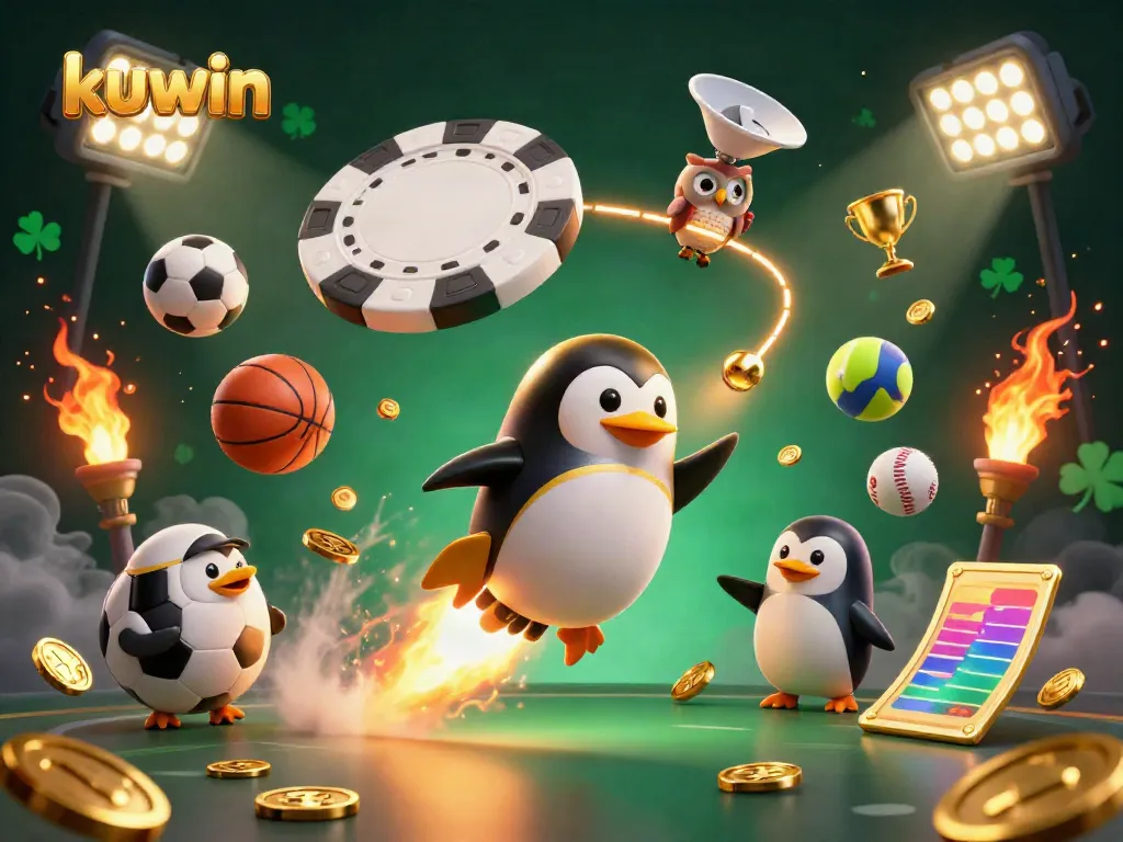 Experience thrilling gaming adventures with kuwin's golden penguin navigating a vibrant casino space.