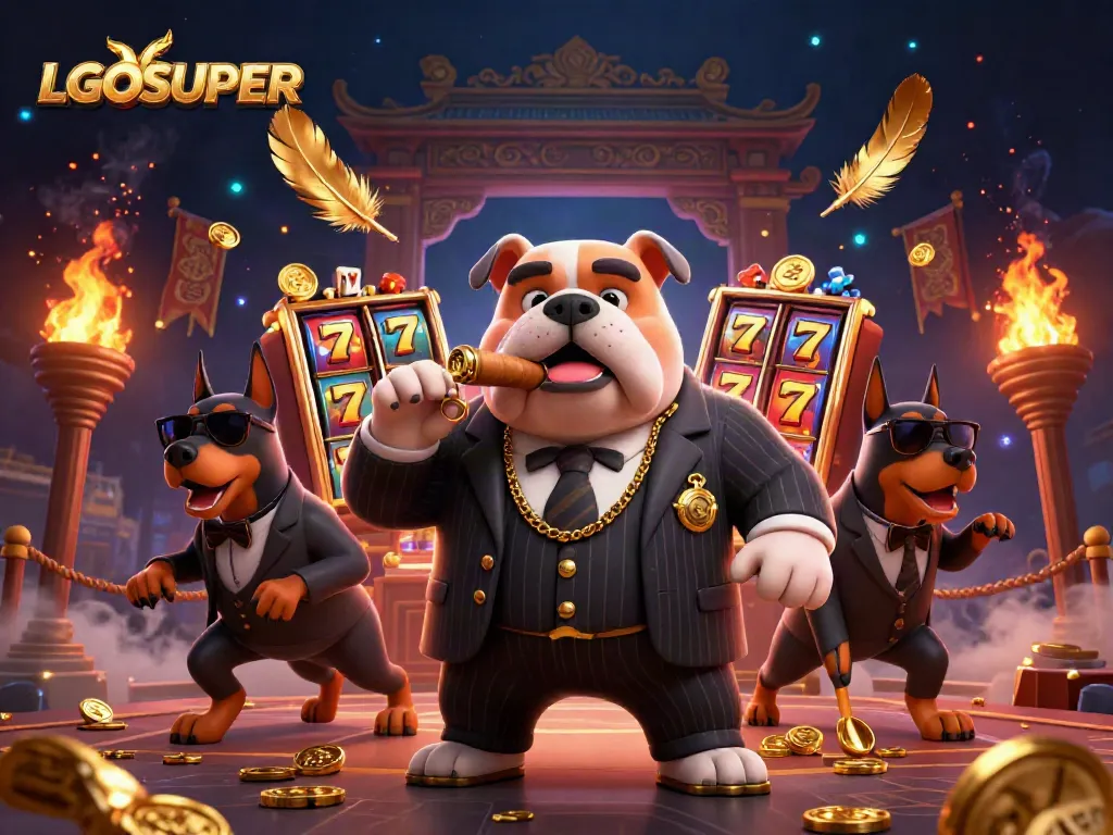 Engage with LGOSUPER's dynamic slots and jackpots featuring animated mafia characters and casino elements.