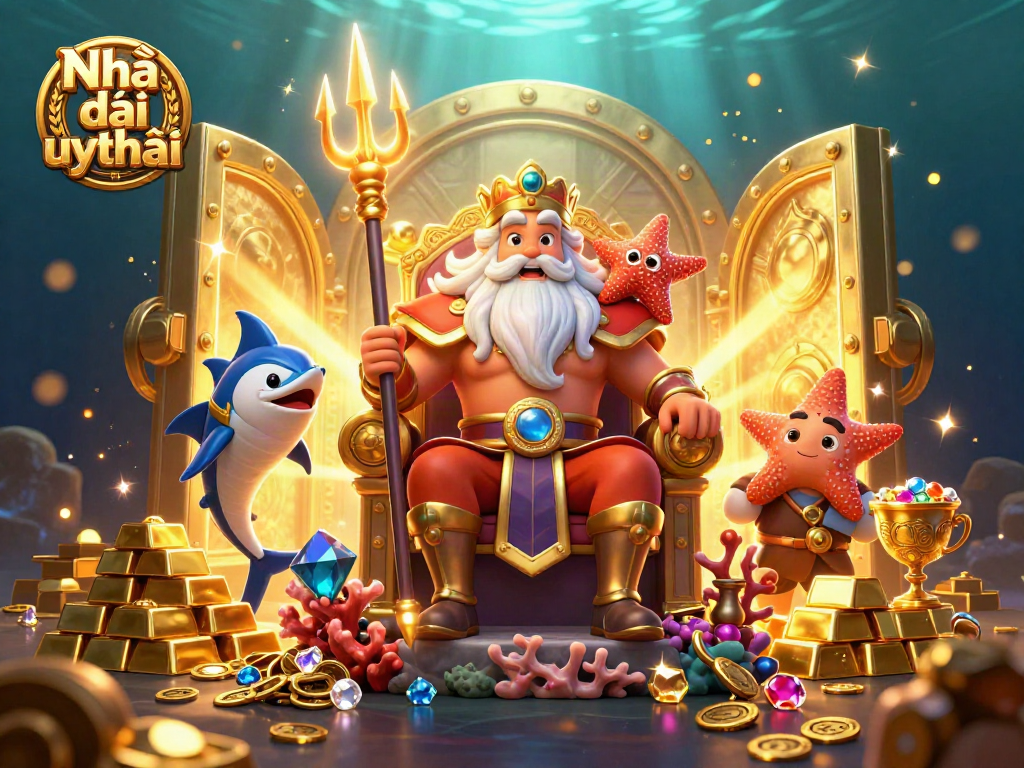 Realize winning possibilities at Nhà cái uy tín, featuring a vibrant illustration of 3D characters navigating a treasure-filled casino realm.