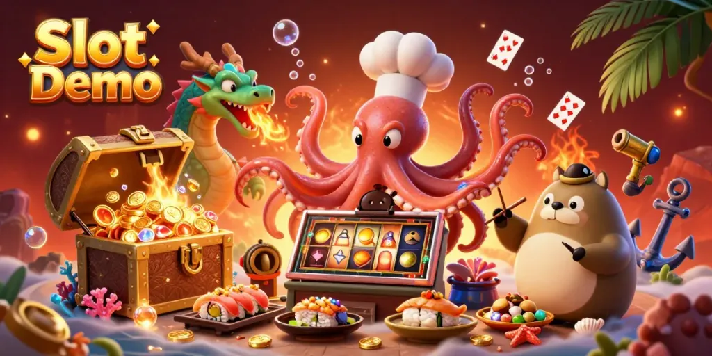 Experience the Slot Demo adventure with a vibrant illustration of an octopus preparing golden slot dishes, surrounded by underwater treasures.