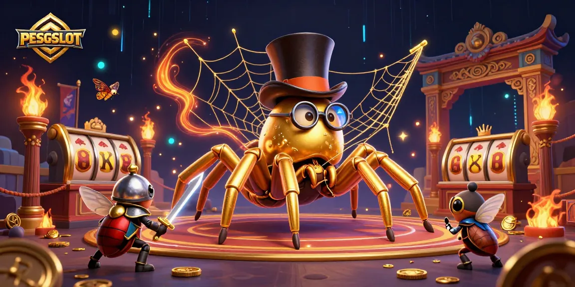 PESGSLOT showcases an adventurous tarantula and beetle knight in a vibrant casino scene.