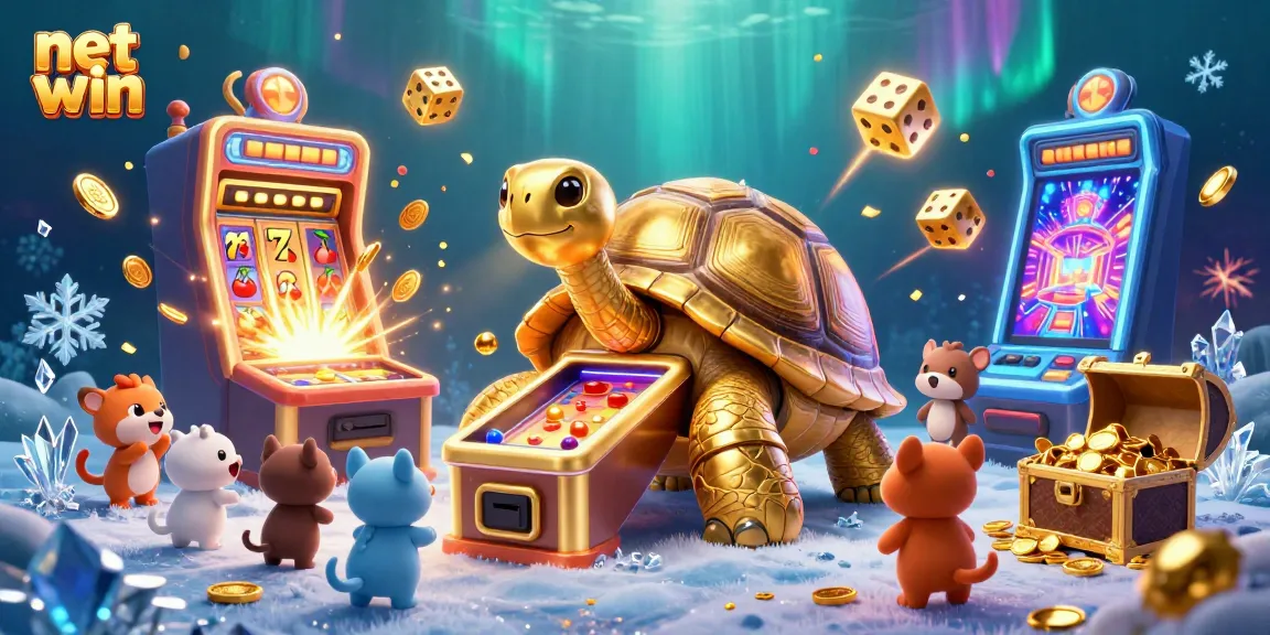 Experience net win excitement with a cartoon tortoise pinball machine and slot jackpot scene.