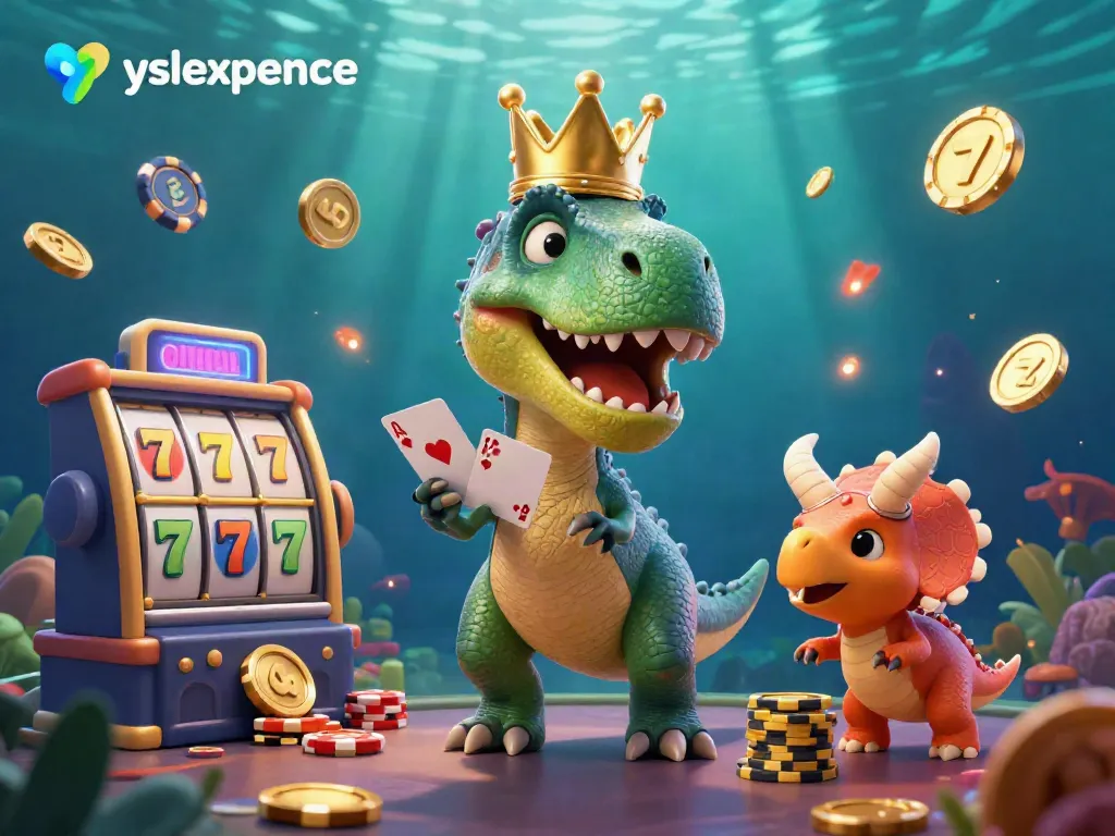 Experience vibrant casino action with yslexperience, featuring playful dinosaurs and slot reels.