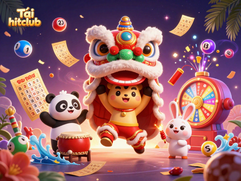 Tải hitclub with vibrant elements like colorful lottery balls and a lively firecracker rabbit, enhancing the online gaming experience.