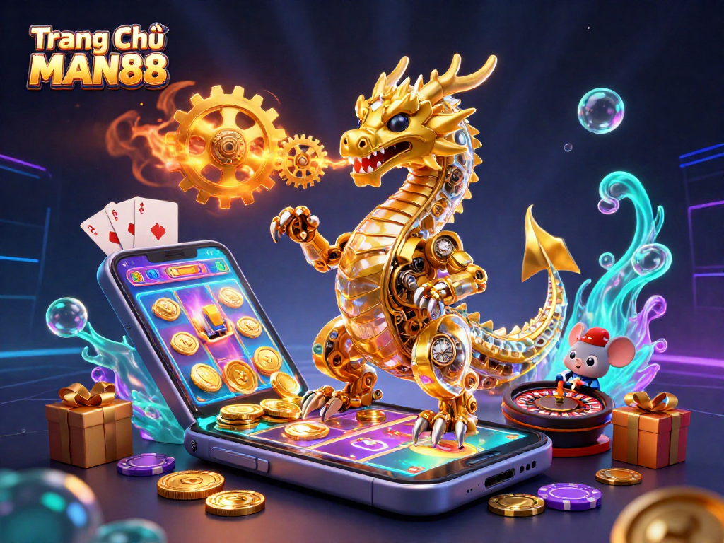 Experience the thrill of winning with Trang Chủ MAN88's vibrant gaming scene showcasing the animated golden dragon and dynamic casino elements.