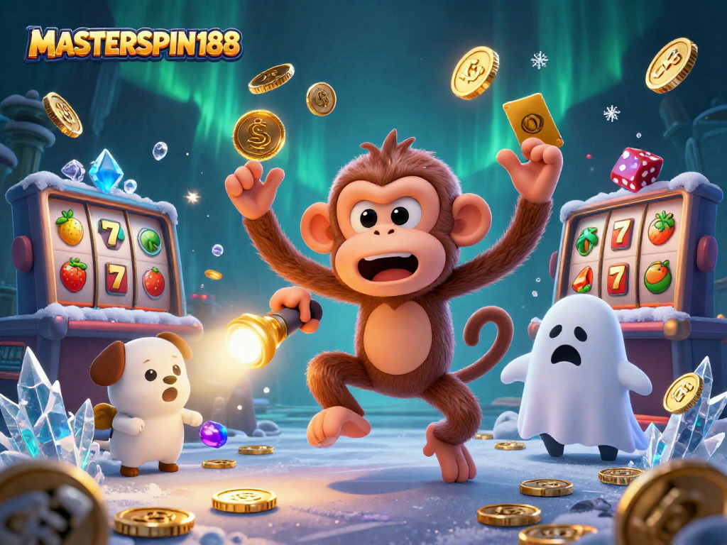 Engage with MASTERSPIN188 in a lively casino scene filled with golden treasures and gaming elements.