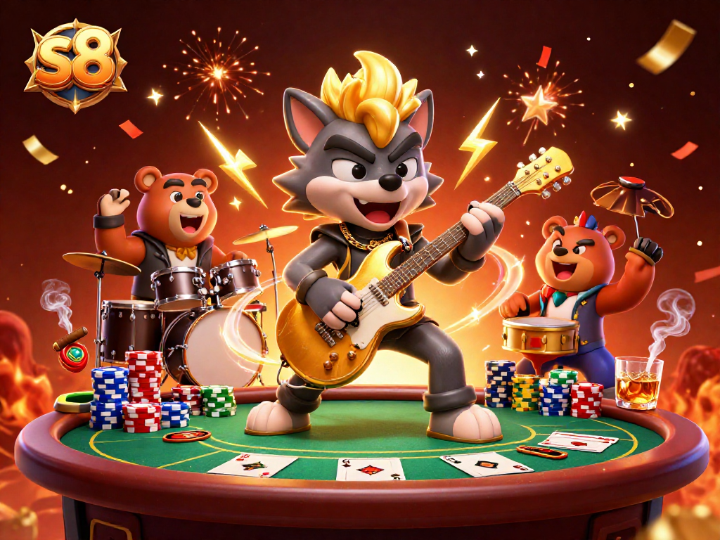 Experience the thrill of s8 with vibrant 3D casino action featuring a rock star wolf and poker elements.