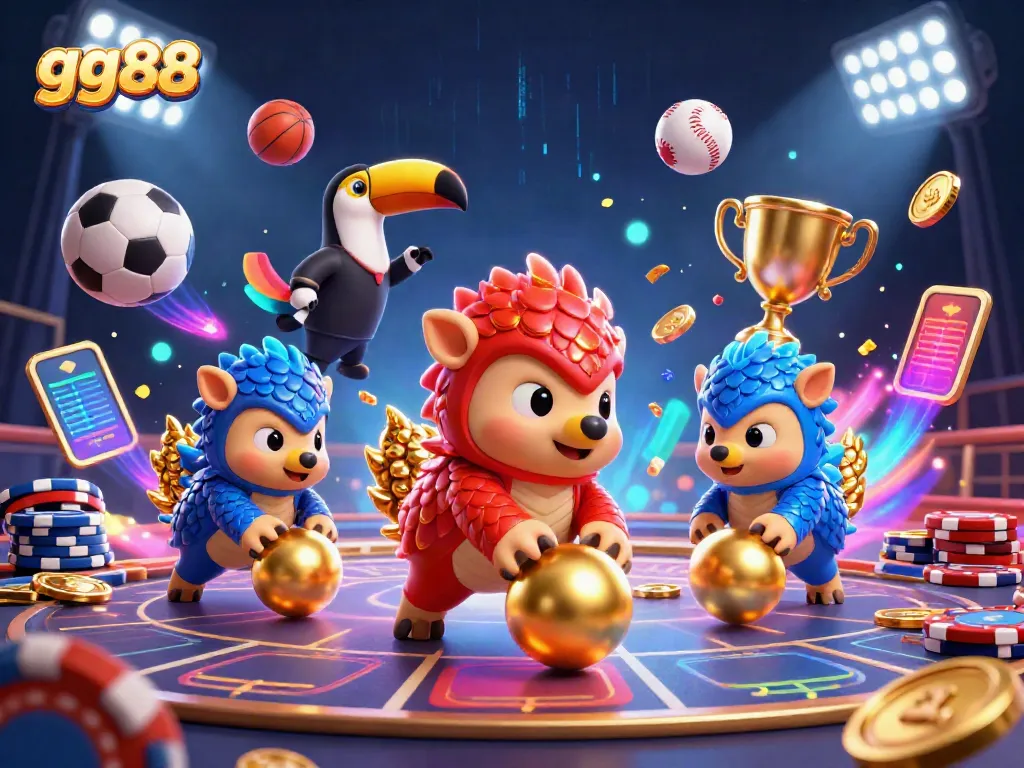 Experience the thrill of betting at gg88 with a vibrant, animated scene featuring competitive pangolins among casino elements.