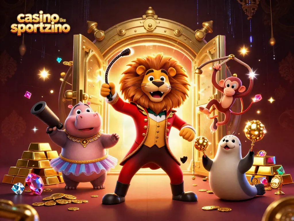 Experience casino like Sportzino with vibrant circus characters amid golden treasures and gaming excitement.
