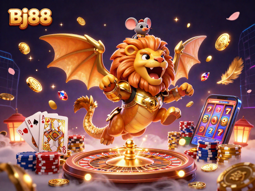 Bj88 offers a thrilling casino experience with golden coins, cards, and a victorious chimera creature.