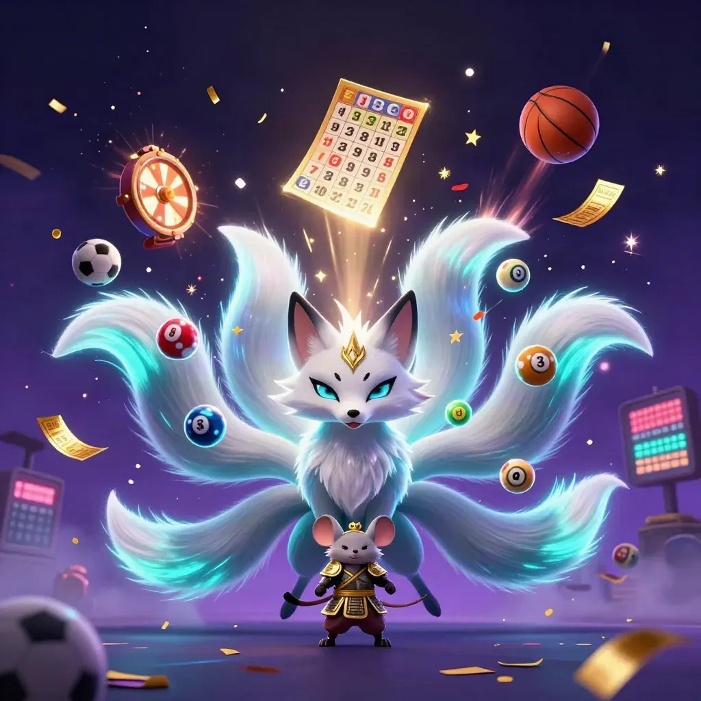 Neon fox spirit and samurai mouse amid casino sports props and cosmic sparks.