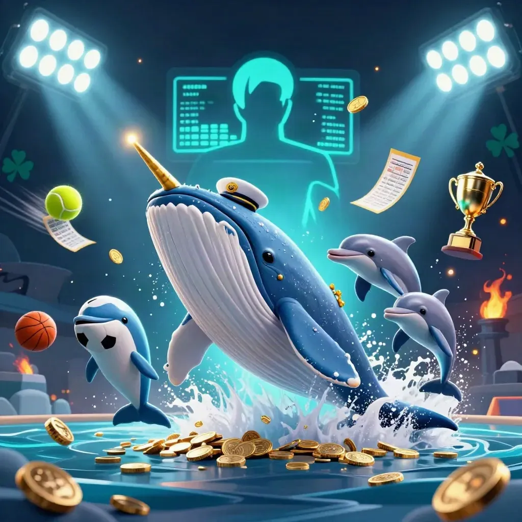 Whale captain, narwhal, and dolphins burst through coins with balls, trophy, lights, and neon casino energy.