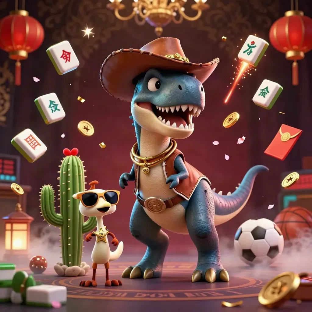 Cowboy T-Rex, cactus and roadrunner amid casino loot, lanterns, coins and cyan-gold glow.