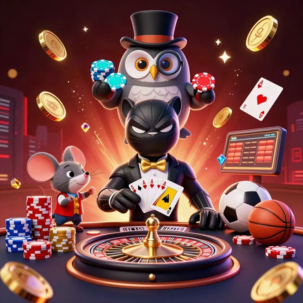 Panther, owl, and mouse deal cards amid chips, coins, roulette wheel, and neon casino light