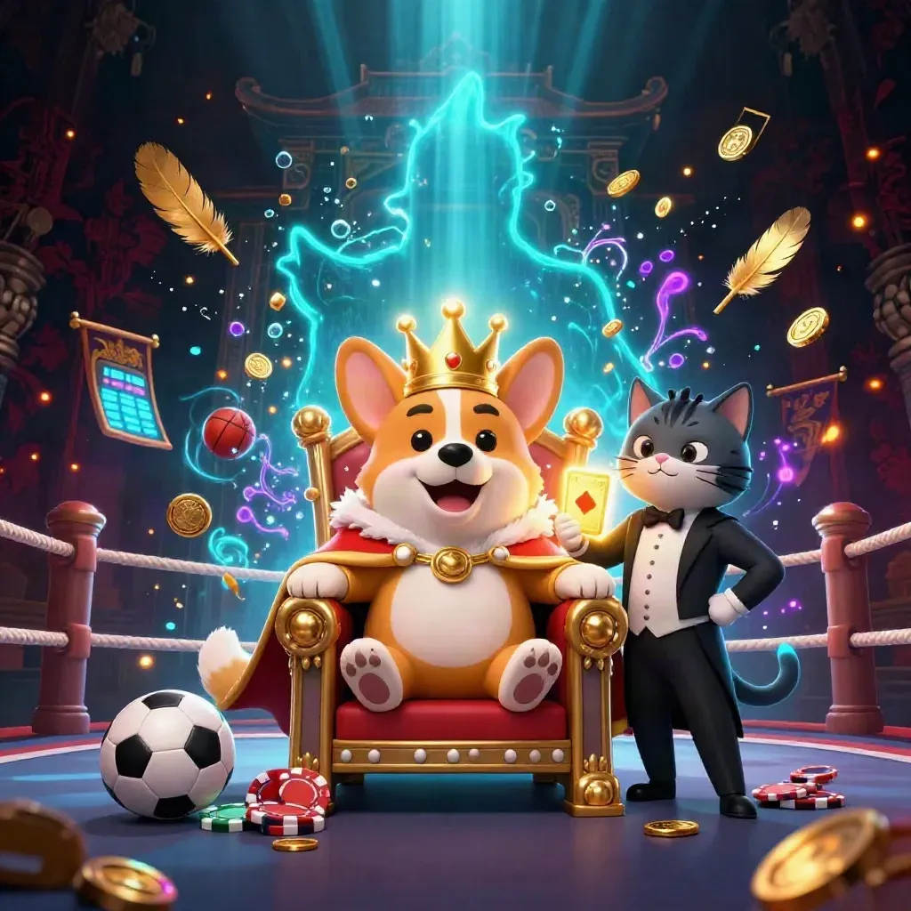 Royal corgi and cat butler on a throne, with gold, cyan glow, and casino props