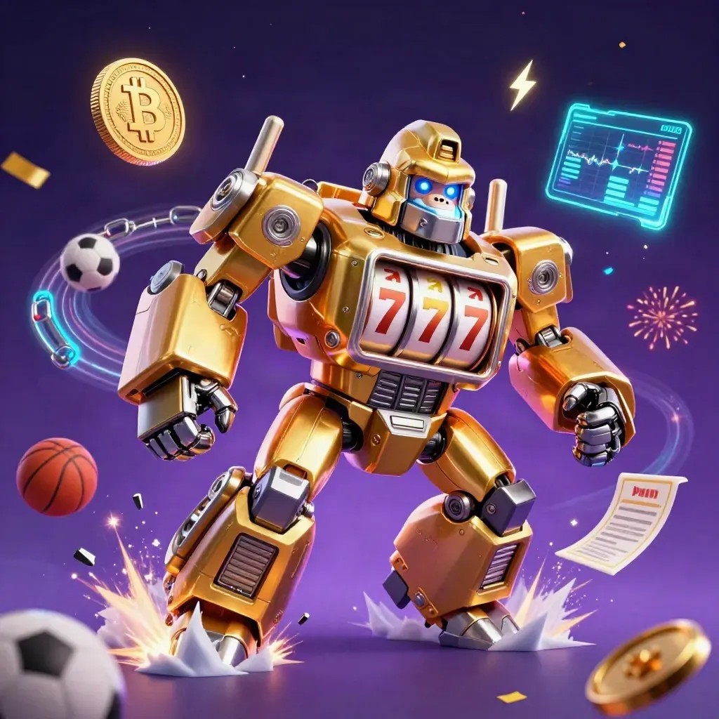 Golden gorilla slot-mech with tiny monkey pilot amid crypto coins and neon casino energy.