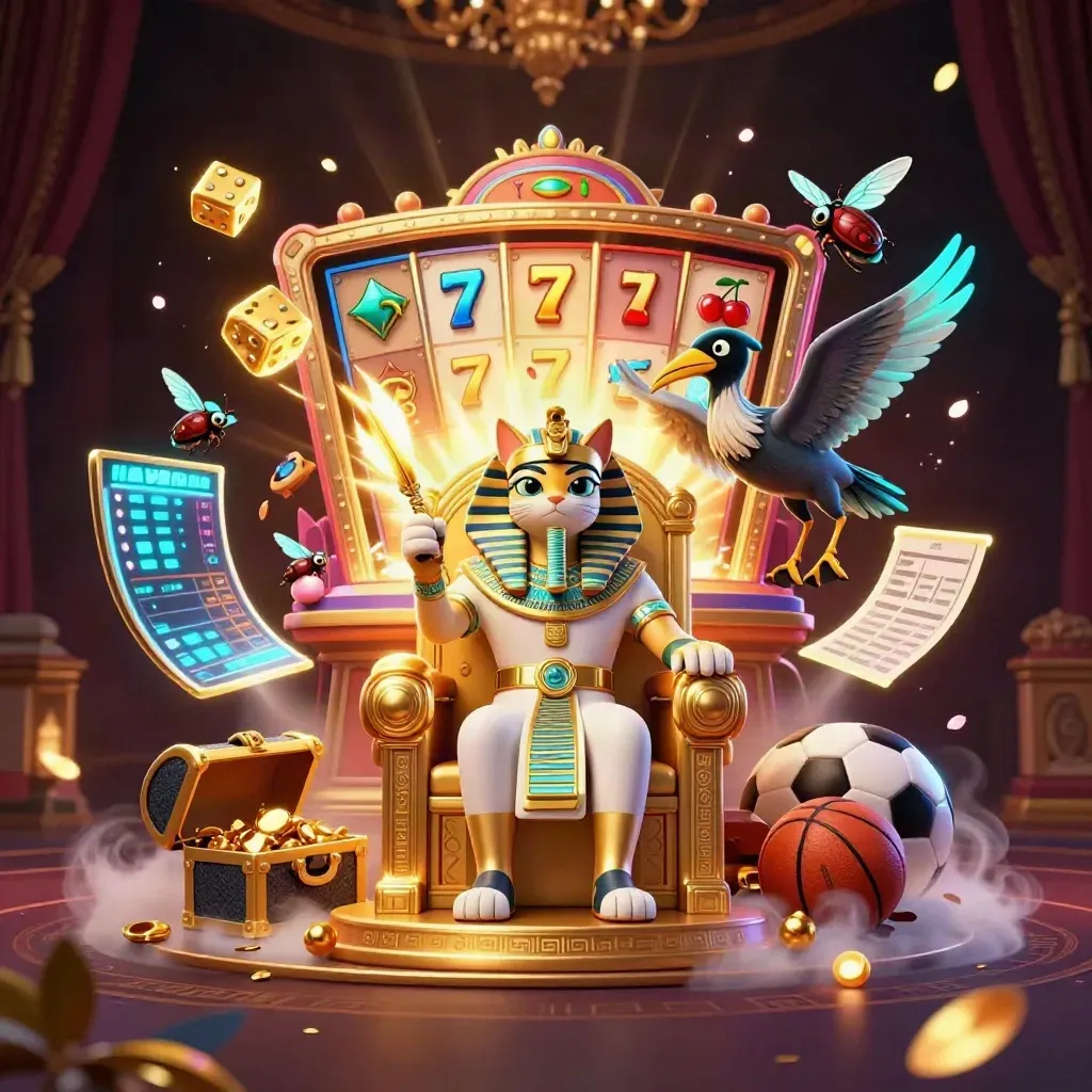 Pharaoh cat casino splash with slot burst, golden dice, scarabs, and sports balls